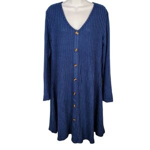 Molerani Blue Ribbed Knit Button Front Long Sleeve Swing Dress XL NEW